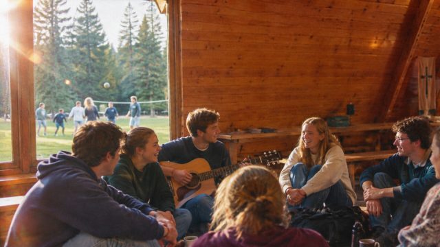 Junge Erwachsene sitzen im Kreis in einer Holzhütte, einer spielt Gitarre
